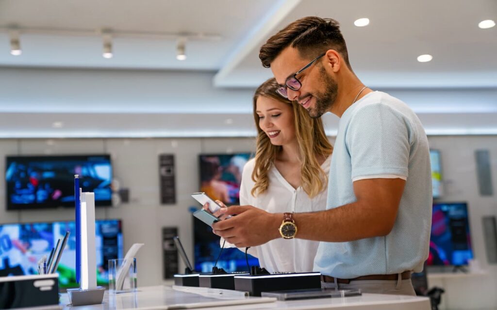 A couple shopping for electronics